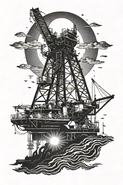 An oil rig with the sun setting behind it, symbolizing your occupation in oil and gas sales tattoo design idea