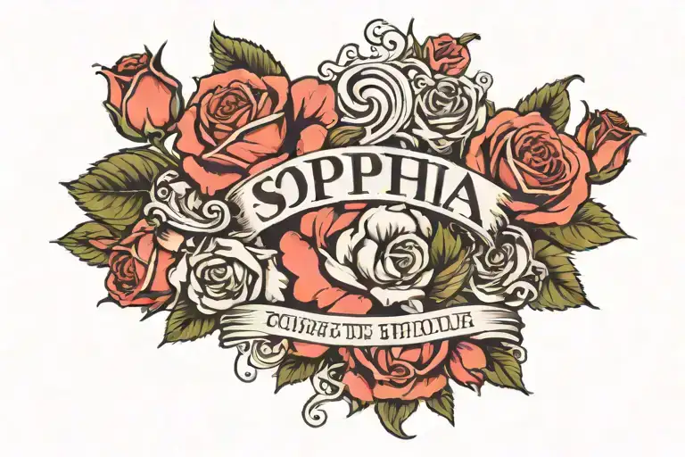the name sophia with roses intertwinded andwith flowers tattoo design idea