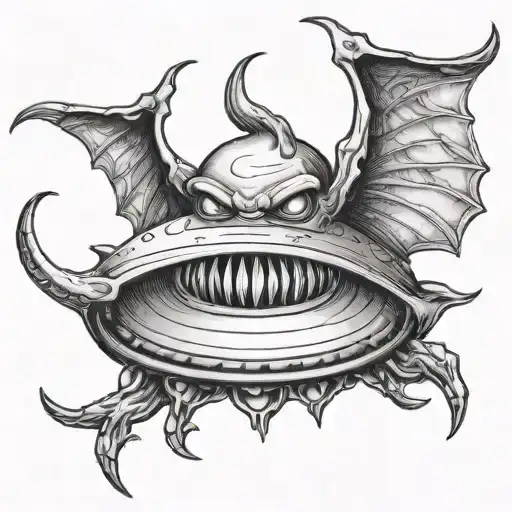 devil horns wings flying saucer tattoo design idea