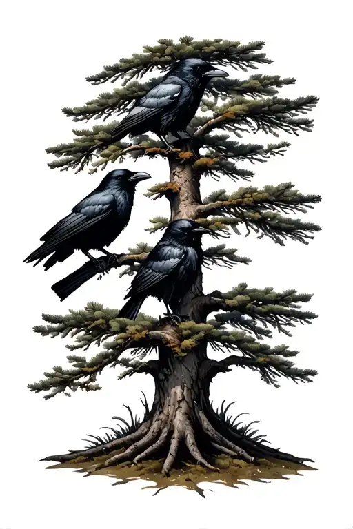 pine tree with ravens perched tattoo design idea
