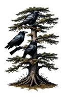 pine tree with ravens perched tattoo design idea