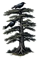 pine tree with ravens perched tattoo design idea