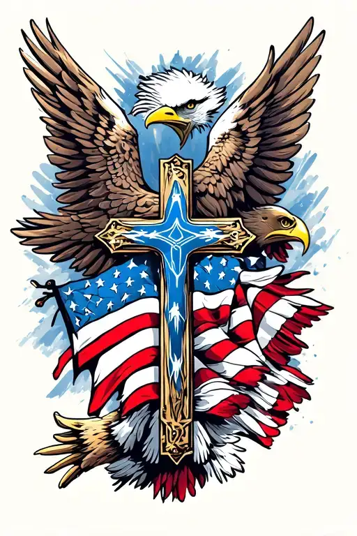 soldier cross surrounded by American flag and blue line flag on eagles wings tattoo design idea