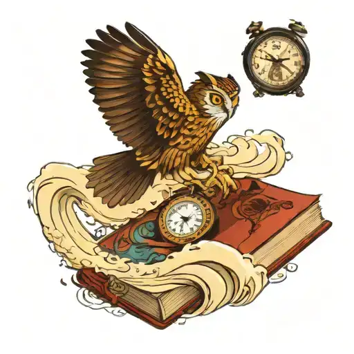wave scene with owl and book. the book is open. the wave is crashing. there is a clock in background without hands  tattoo design idea