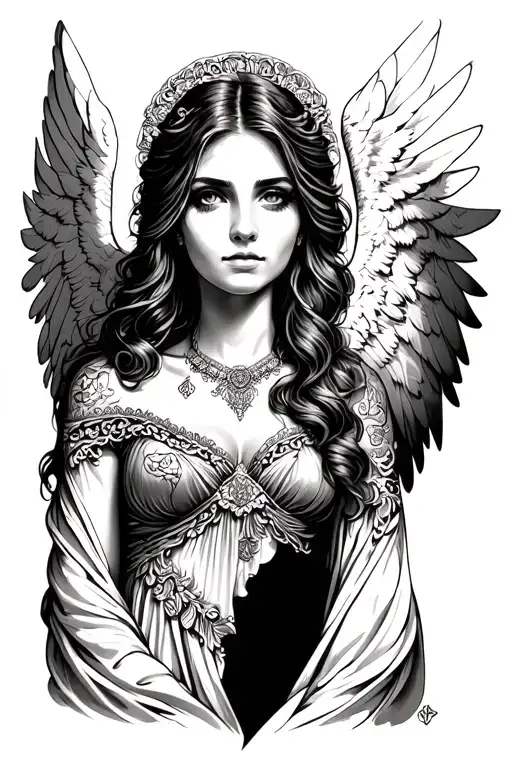 an angel woman dressed, half face tattoo design idea