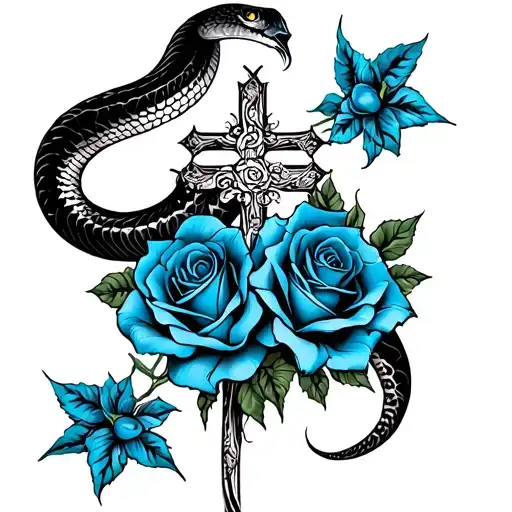 black cobra wrapping around arm in retro style with blue and black roses with a cross in the middle that has a tiny rose tattoo design idea