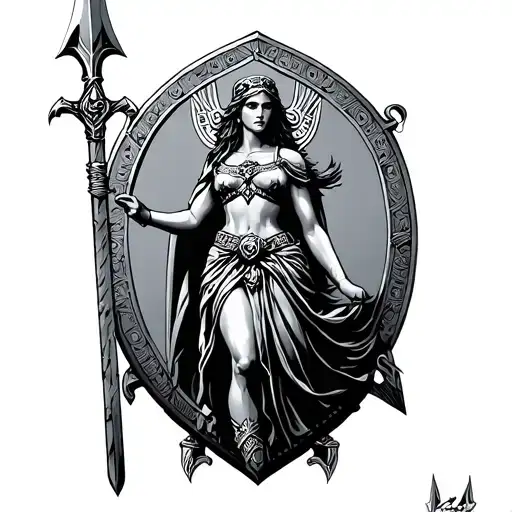 Mean athena greek goddess war spear and shield adorned tattoo design idea