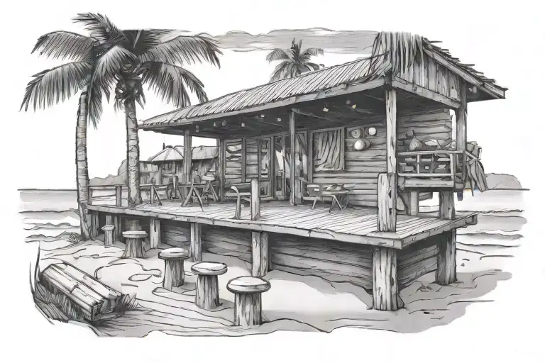 a beach with only a wooden bar with a deck on it viewed from the ocean looking in  tattoo design idea