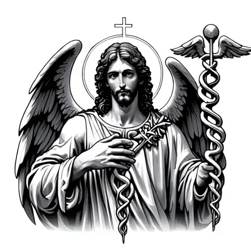 Saint Raphael holding a caduceus tattoo design idea