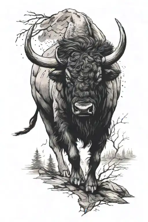 A muscular buffalo walks through the night mountain forest in search of the Sagittarius constellation tattoo design idea