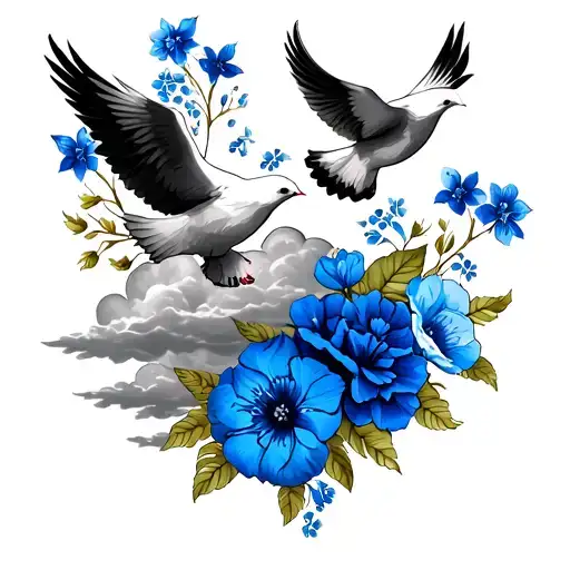 Deceased older brother memorial full sleeve tattoo for arm , blue flowers , clouds , doves  tattoo design idea
