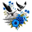 Deceased older brother memorial full sleeve tattoo for arm , blue flowers , clouds , doves  tattoo design idea