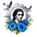 Deceased older brother memorial full sleeve tattoo for arm , blue flowers , clouds , doves  tattoo design idea