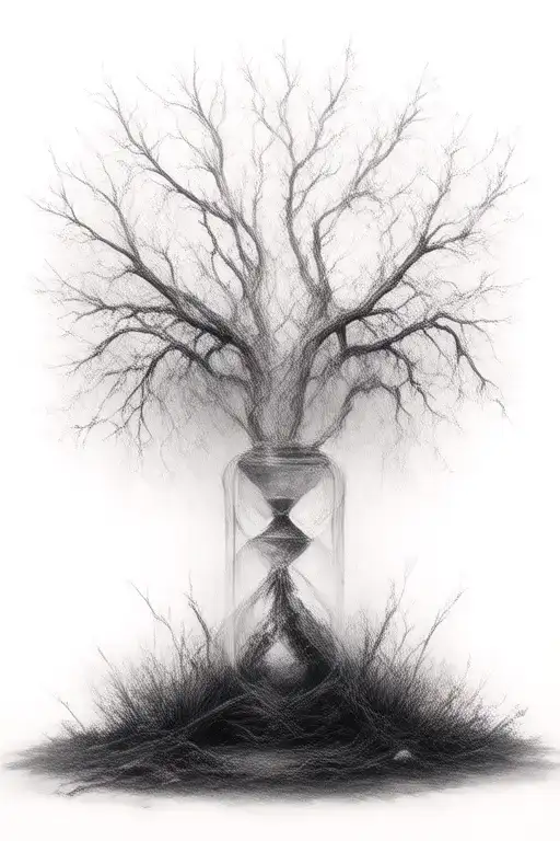 defoliated tree and broken sandless hourglass filled with no leaves tattoo design idea