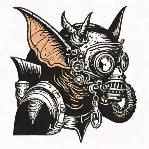 Cave bat with a diving rebreather oxygen mask like tattoo design idea