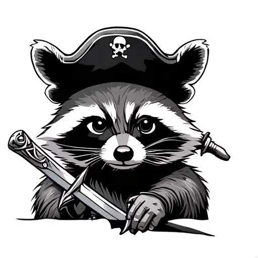 pirate racoon with an eye patch and pirates hat holding a sword tattoo design idea