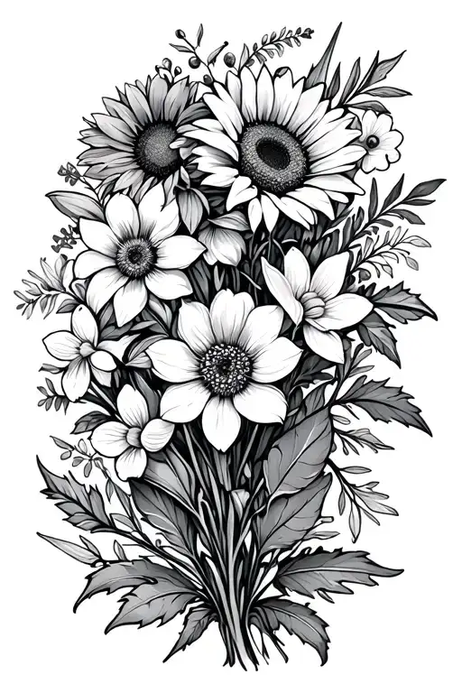simple fine line bouquet with sunflower, carnation, narcissus, holly, delphinium, gladiolus tattoo design idea