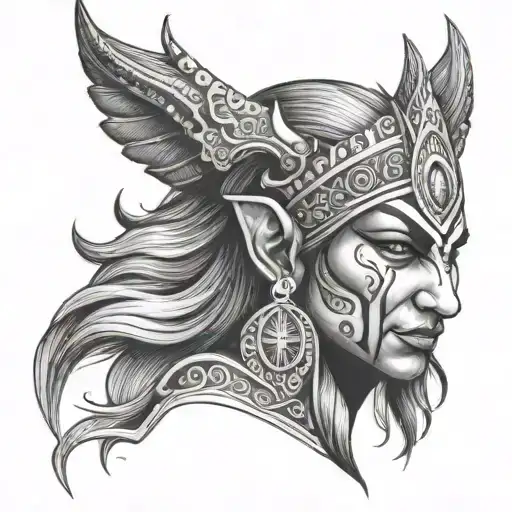 I want to get a tattoo of a girl's face at the top, an Indian god's face in the middle, and a devil's face at the bottom tattoo design idea