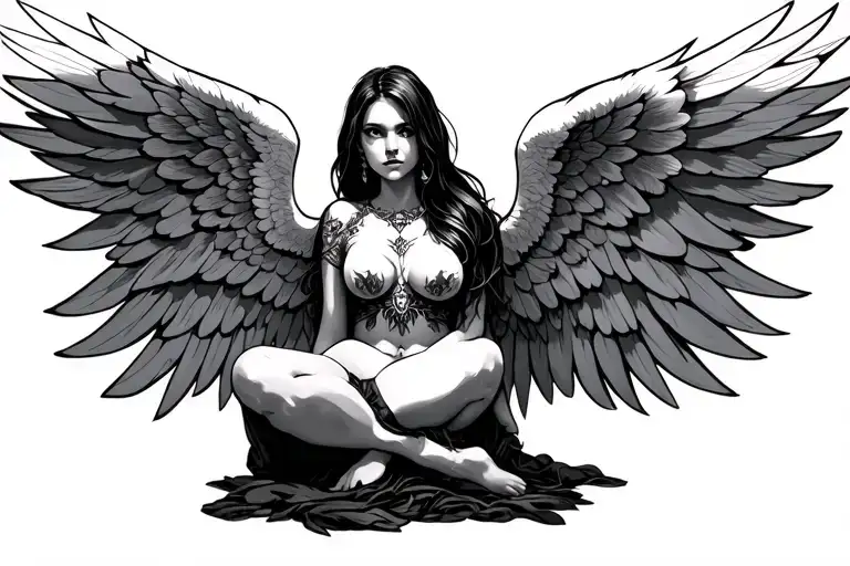 female guardian open wings sitting down tattoo design idea