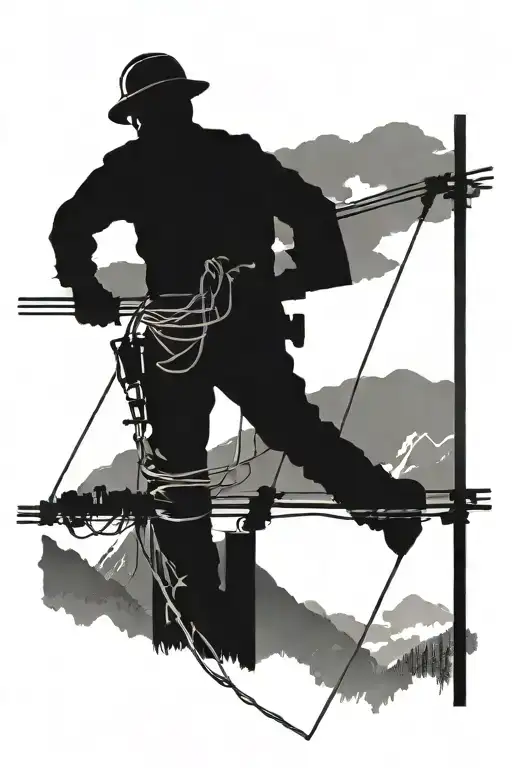 A silhouette of a lineman working on a power line with a mountain range in the background tattoo design idea
