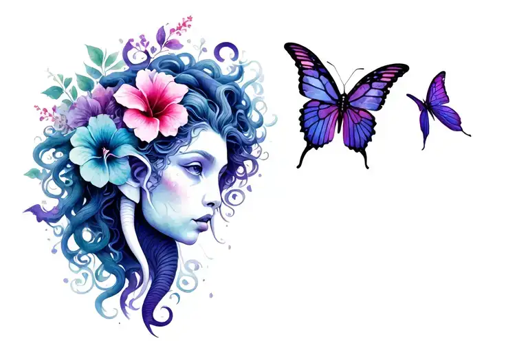 a vibrant èxressive tattoo that combines .5 medusa head, .5maleficent head, semicolon, elephant, hibiscus, and butterfly tattoo design idea