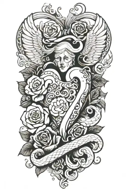 heart and angel and cloud and roses and snake tattoo design idea