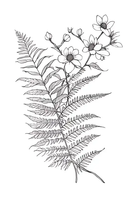 cherry blossoms blowing in the wind, horsetail, sunflower, fern leaf, mix of leaves.  tattoo design idea