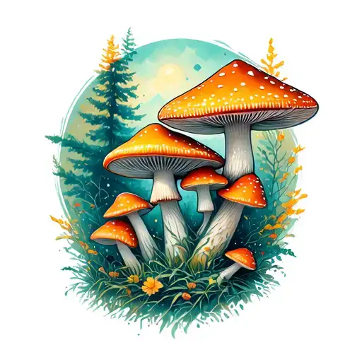 geometric forest and amanita mushrooms tattoo design idea