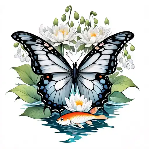 Aquarius and Pisces butterfly intertwined surrounded by water lily of the valley and fish tattoo design idea