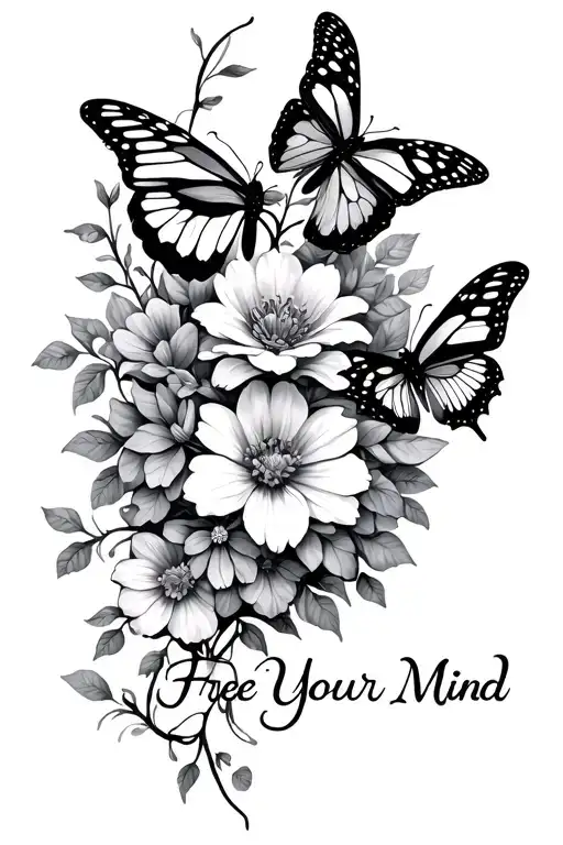 flowers wrapped , butterflies , vine , "free your mind"  gemini tattoo design idea