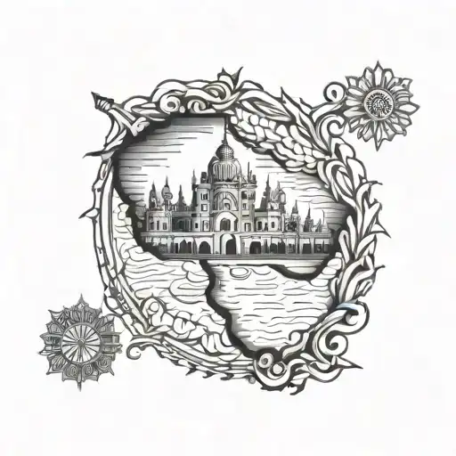 bicep tattoo of Punjab's outline with Amritsar’s map featuring Punjabi/Indian symbols like wheat, a dhol, ashok chakra tattoo design idea