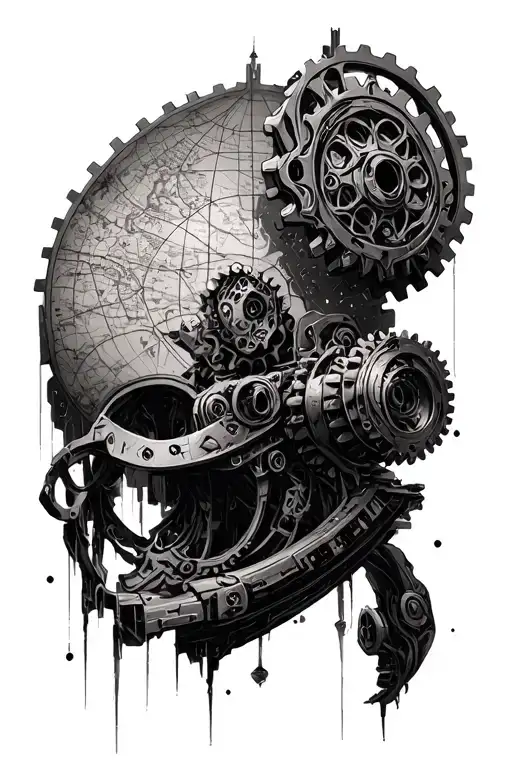Adeptus mechanicus and ttrpg world-building with cogs and maps and drawing tools tattoo design idea