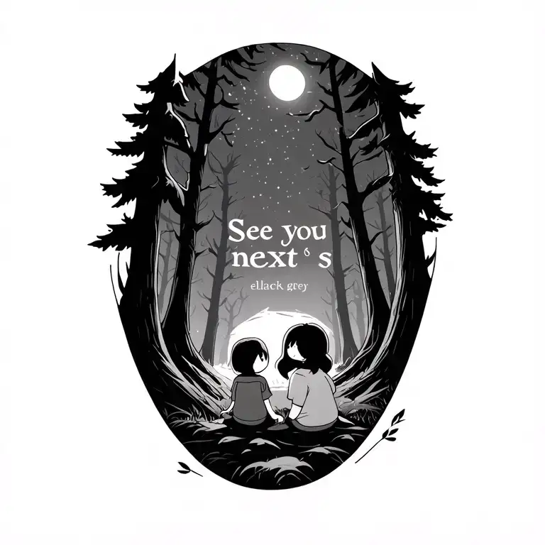 From the gravity falls series dipper and mable sitting in the forest at night and looking up at the text: see you next s tattoo design idea