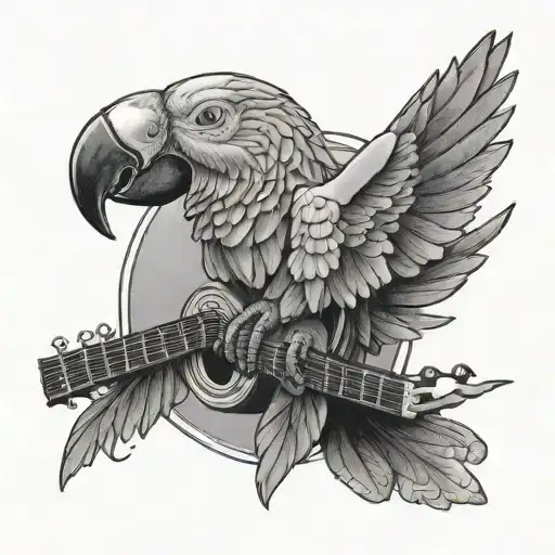 parrot perched on a guitar neck tattoo design idea