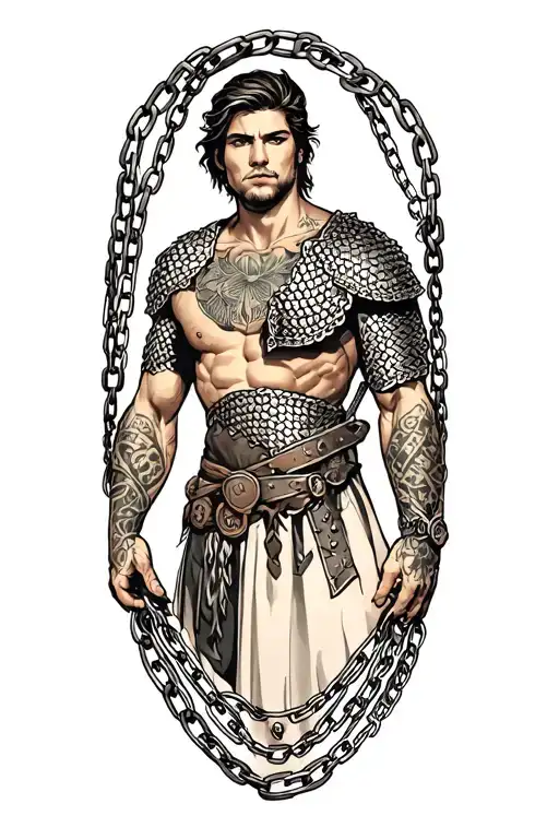 Half biceps to shoulder tattoo, three rows of chain mail at the bottom, plate mail up the biceps to the shoulder, Swedis tattoo design idea