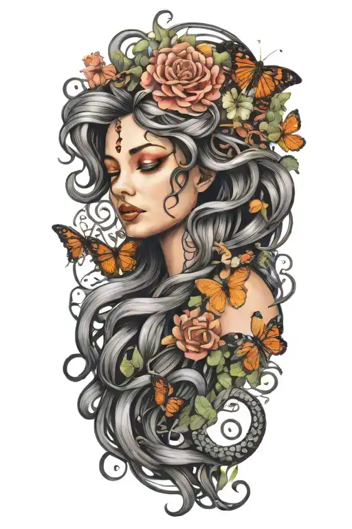medusa with hair of snakes with flowers surrounding her and butterflies  tattoo design idea