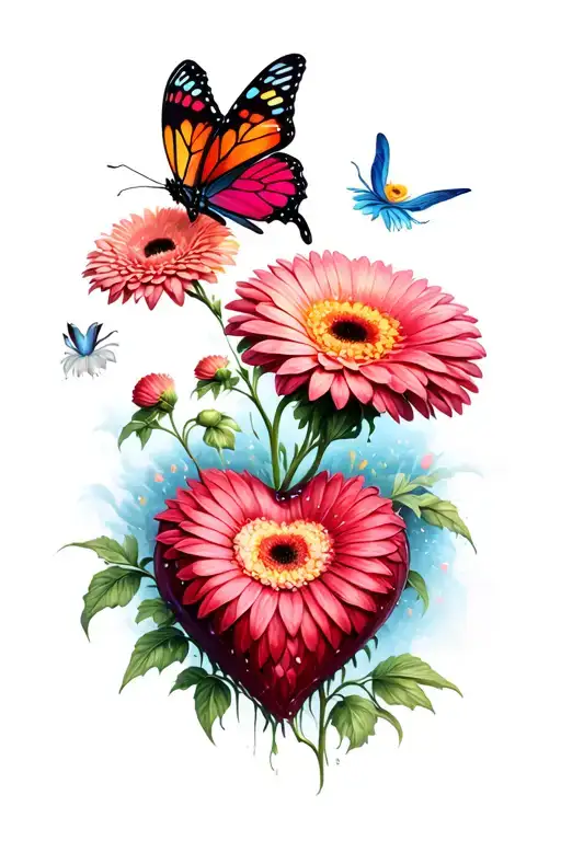 gerbera flower intertwined, heart, butterfly emerging tattoo design idea