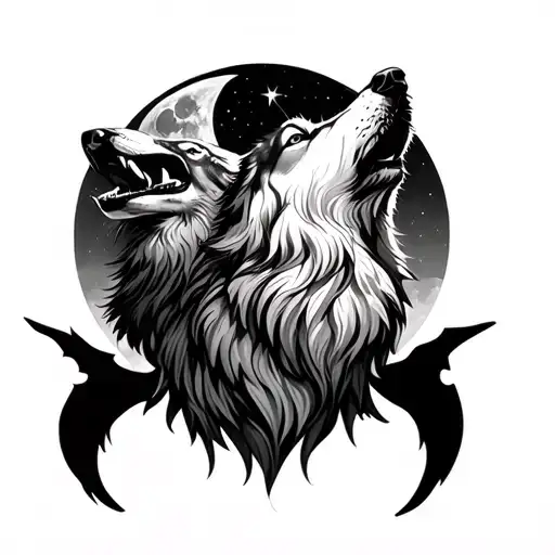 sigma and wolf howling at the moon tattoo design idea