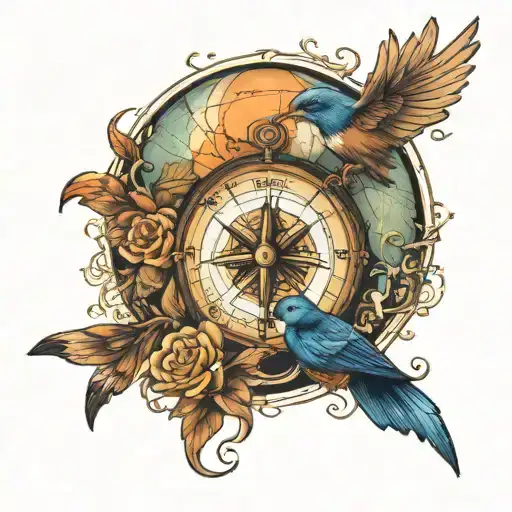 Compass, the globe, and a bird flying tattoo design idea