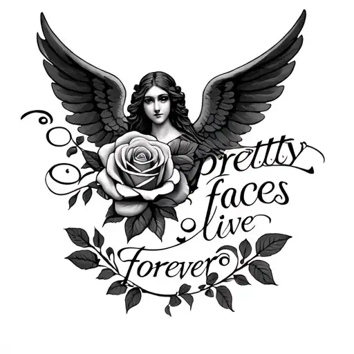 "pretty faces live forever " rose and angel tattoo design idea