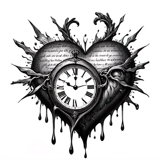 heart with bible scripture and clock melting tattoo design idea