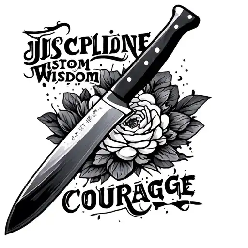 Japanese chef knife with text discipline Justice wisdom courage tattoo design idea