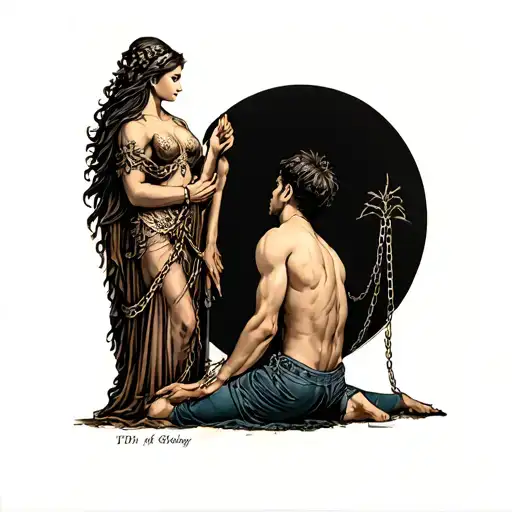 man subbmitting to his Goddess standing tall, him on his knees chained down Hands, as she looks down on him BDSM themed tattoo design idea