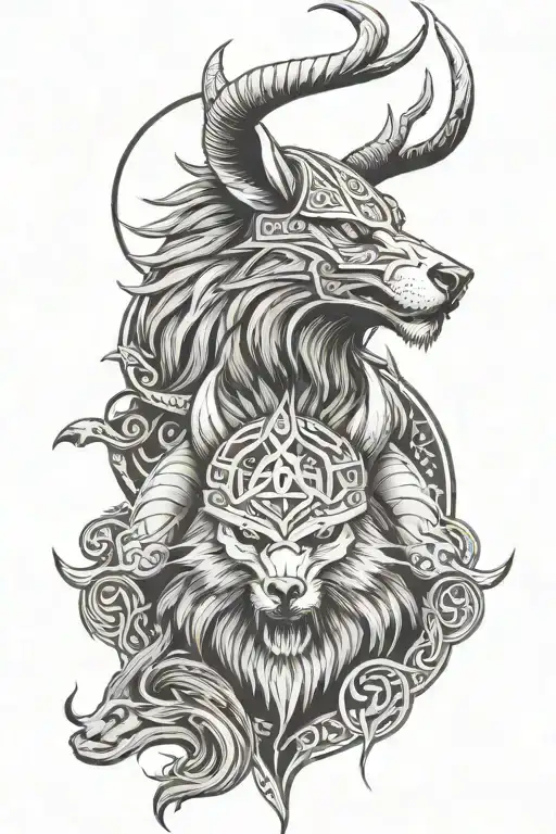 vikings, with a wolf head, with viking symbols  tattoo design idea