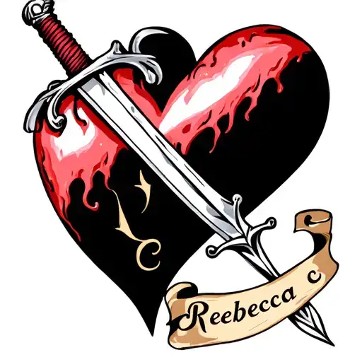 heart with a dagger through it. With a scroll saying Rebecca tattoo design idea