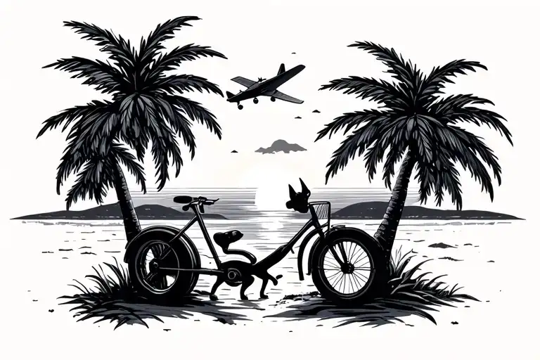 coastal beach scene palm trees fire pit kelpie dog airplane old bike leaning sunset tattoo design idea
