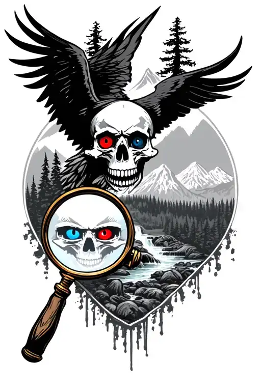 Half warrior half skull red eye blue eyeEagle above with mountain trees and waterfall surrounding Magnifying glass ove tattoo design idea