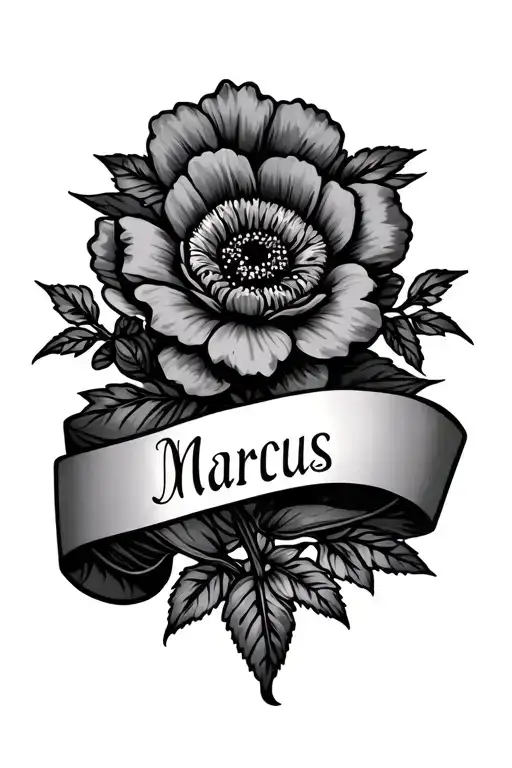 American traditional flower with a name banner "Marcus" tattoo design idea