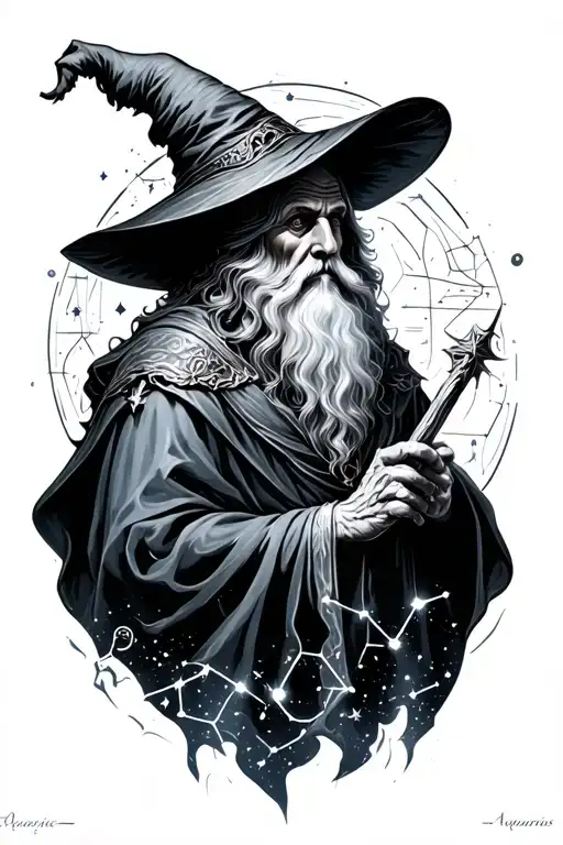 wizard with Aquarius constellation reflecting tattoo design idea