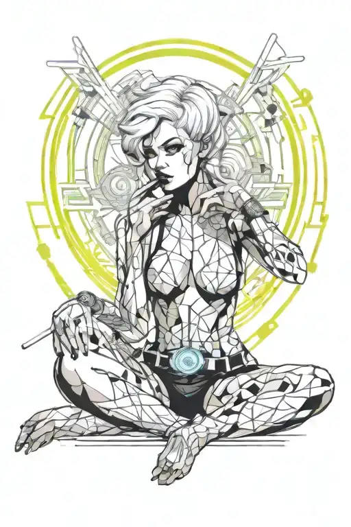 Sexy girl, Huge cleavage, petite, torn clothing, short white bob hairstyle, smoking a cigarette in mouth, thick thighs tattoo design idea